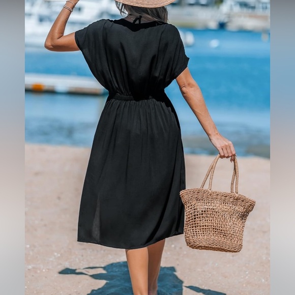 ~Women's Cover Up V Neck Midi Dress Short Sleeves XS~ - Picture 4 of 6